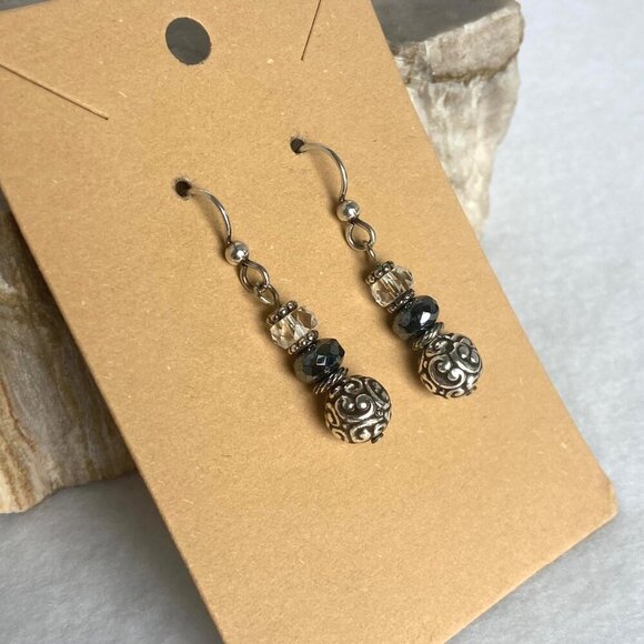 Sterling Silver 925 Faceted Glass Scrollwork Beaded Dangle Earrings - Picture 10 of 12